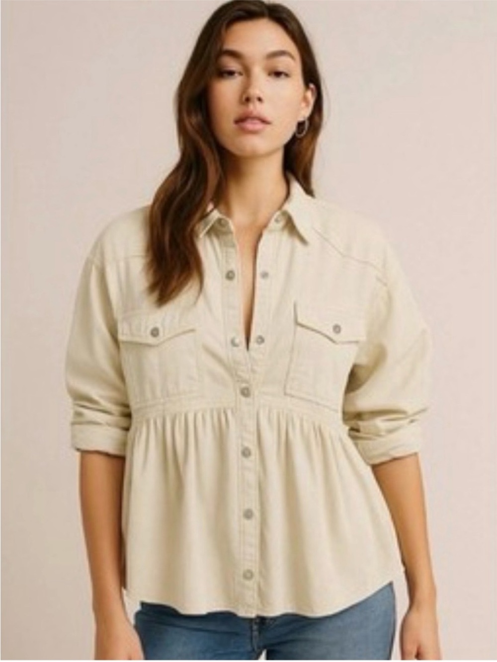 We The Free Cream Button-Front Peplum Shirt
